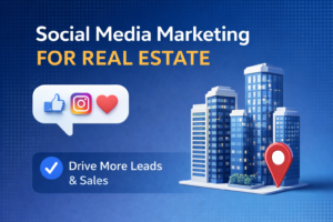 Social media marketing for real estate graphic showing city buildings, social media icons, and lead generation concept.
