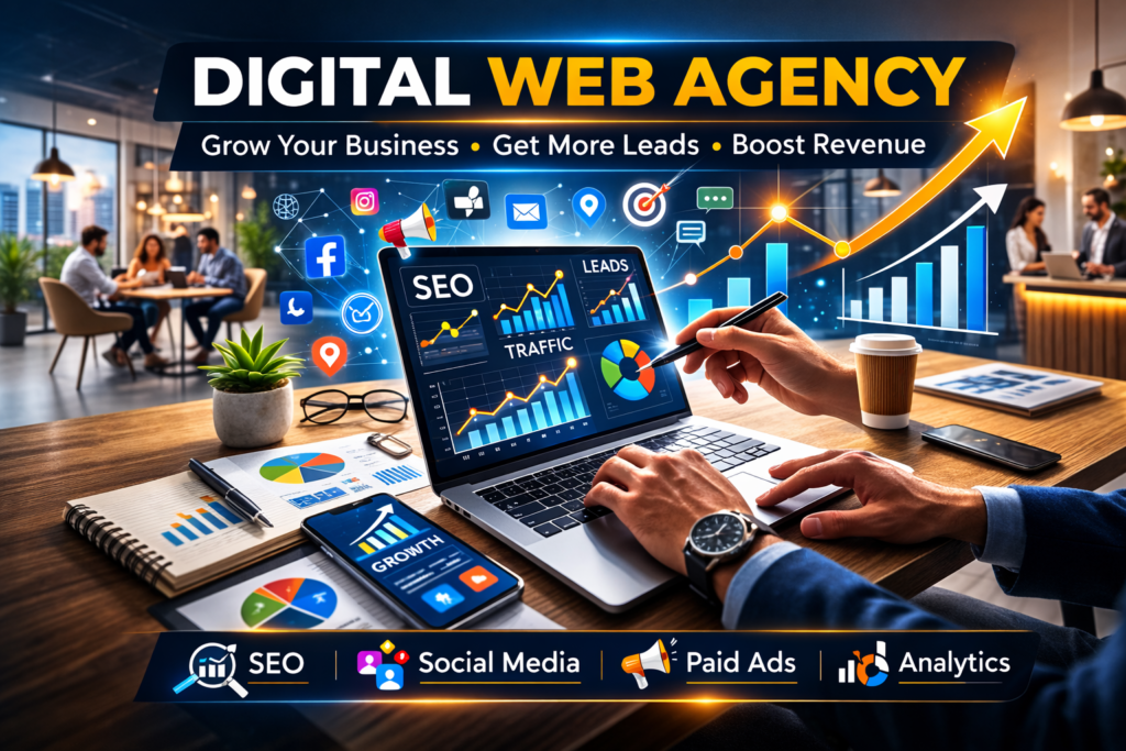 Digital web agency strategy dashboard showing SEO analytics and lead growth metrics for local businesses