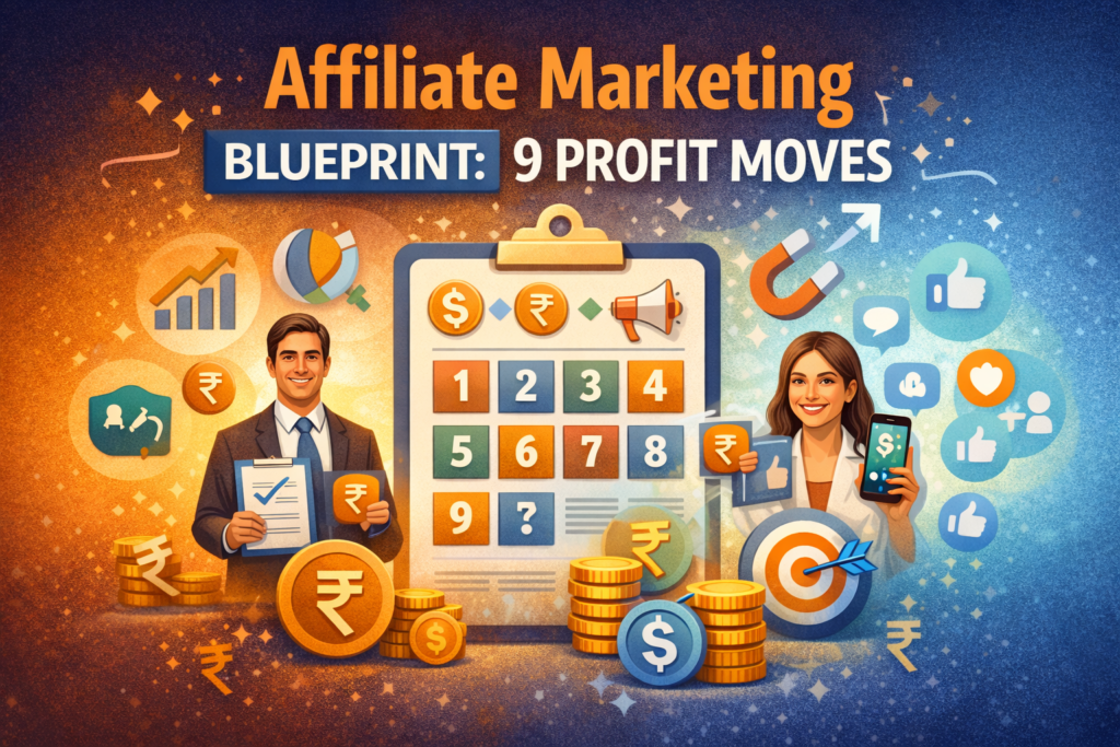 Affiliate marketing blueprint illustration showing profit strategy steps, commission icons, growth charts, and performance-based revenue model