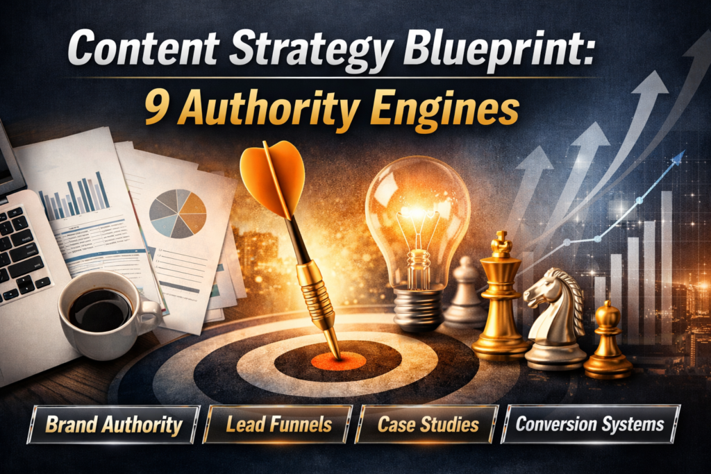 Content strategy concept with target board, dart, chess pieces, growth charts and branding elements representing authority engines and conversion systems.