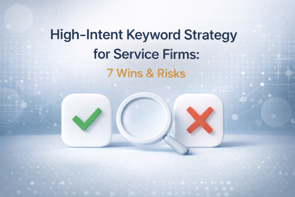 High-Intent Keyword Strategy for Service Firms featured image with magnifying glass, check and cross icons, minimal professional design