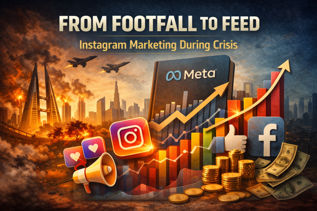 Featured image showing instagram marketing during Gulf crisis with Meta branding, rising growth graphs, social media icons, and a city skyline under tension, symbolizing digital revenue protection.