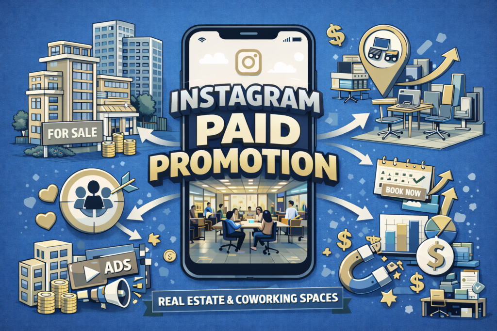 instagram-paid-promotion Minimal blue-themed illustration showing instagram paid promotion connecting real estate buildings and coworking spaces through targeted instagram advertising, analytics charts, bookings, and lead generation elements.