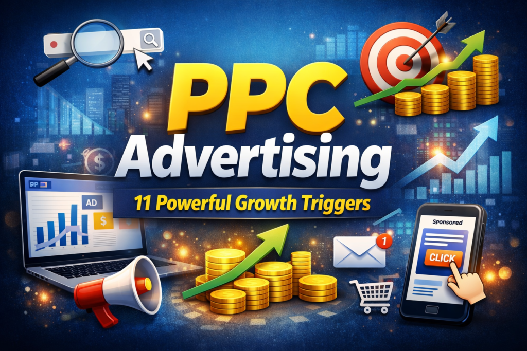 PPC Advertising strategy with growth chart, coins, and pay per click ads concept