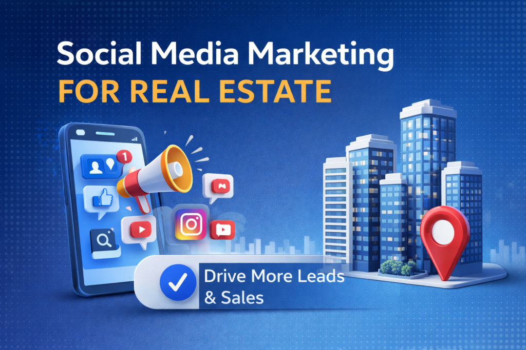 Featured image showing smartphone with social media icons, megaphone, and city buildings representing social media marketing for real estate lead generation