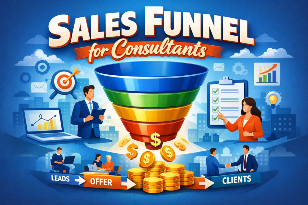 Sales funnel for consultants illustration showing lead generation, offer structure, and client conversion process