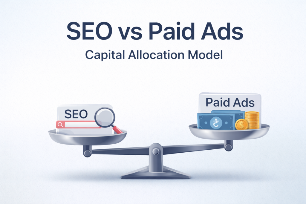 SEO vs Paid Ads Capital Allocation Model showing balance between organic SEO and paid advertising investment strategy