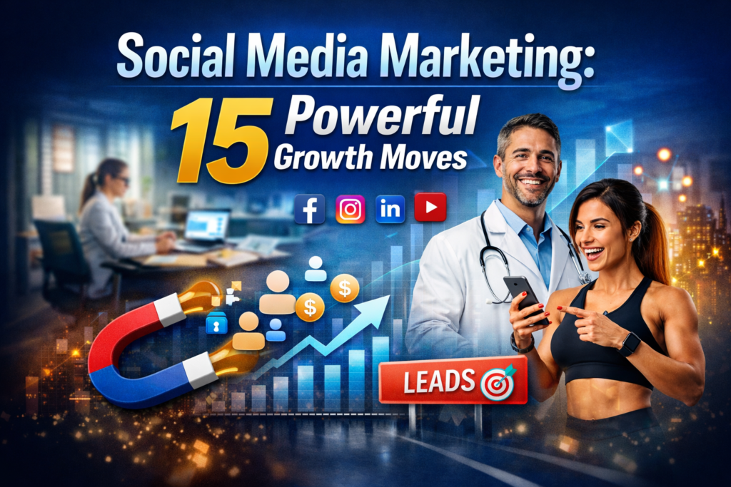 Social media marketing growth strategy visual showing co-working professional, doctor, fitness influencer and lead generation graphics