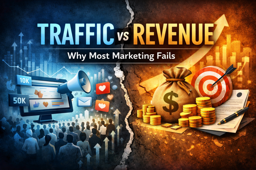 Traffic vs Revenue: Why Most Marketing Fails visual showing traffic growth vs revenue conversion with lead generation concept