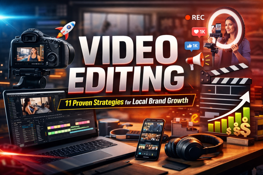 Video editing workspace with DSLR camera, laptop using editing softwares, smartphone web video editor interface, and influencer marketing visuals for local brand growth