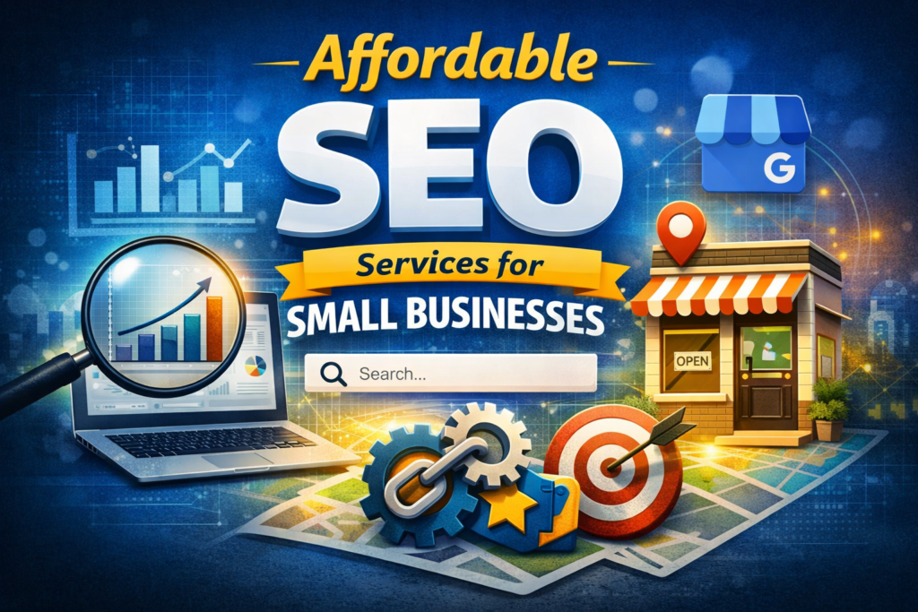 Affordable SEO services for small businesses illustration showing search growth, local SEO optimization, and digital marketing strategy
