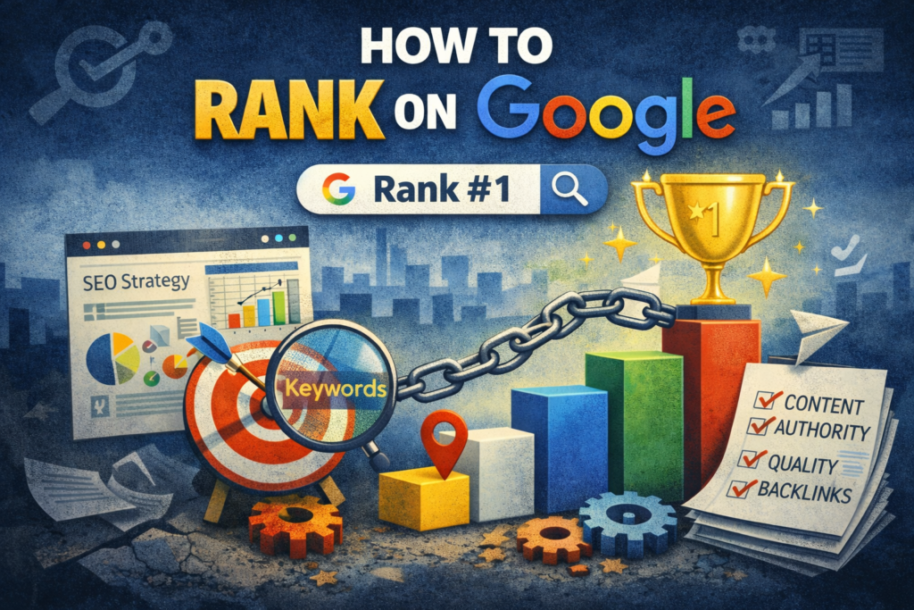 How to rank on Google illustration showing SEO strategy, keyword targeting, backlinks, and content authority leading to Google rank #1.