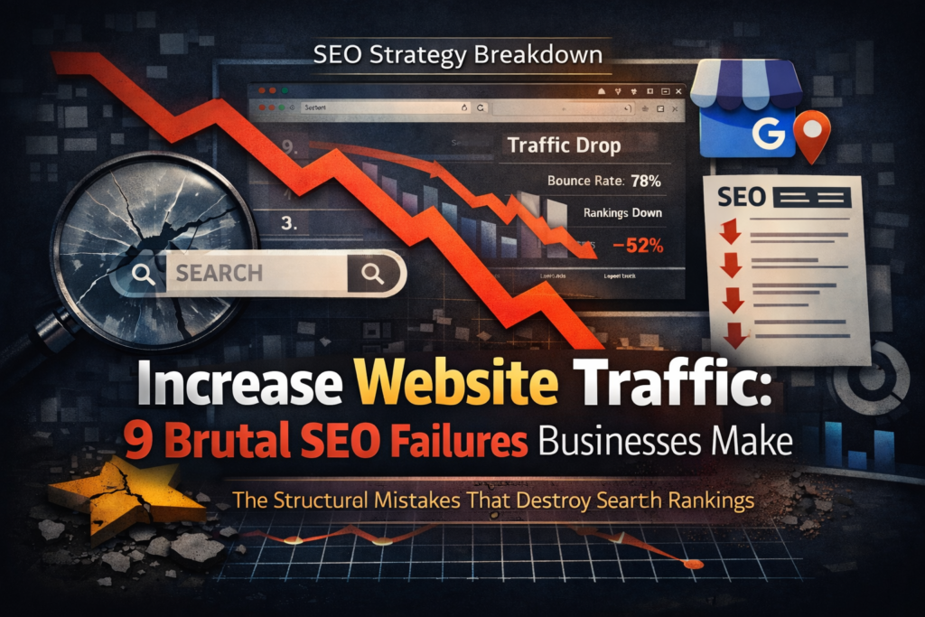 Illustration showing declining search rankings and analytics dashboard explaining why businesses fail to increase website traffic through poor SEO strategy.
