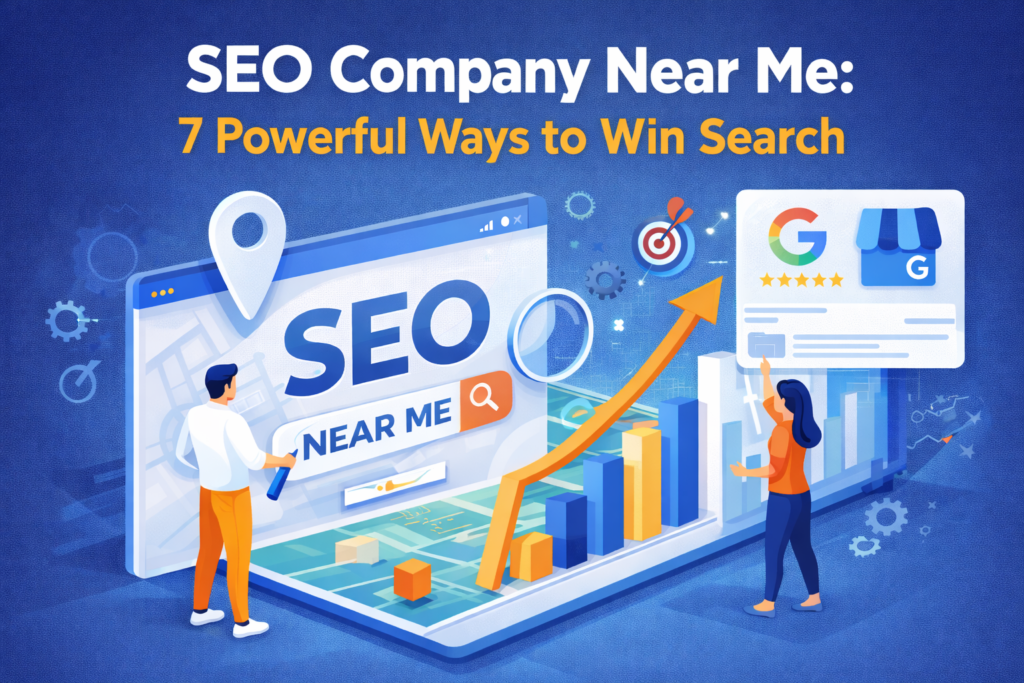 Illustration showing SEO company near me strategy with Google Business listing, search bar, and ranking growth chart
