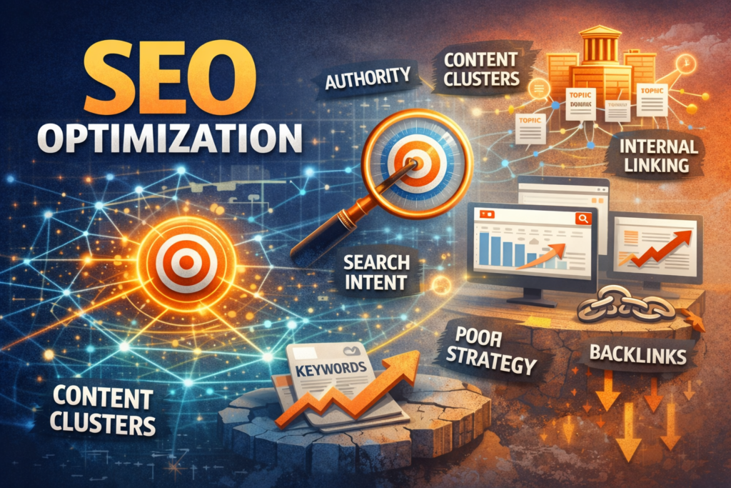 SEO optimization illustration showing content clusters, search intent, authority, internal linking, and backlinks working together to improve website rankings.