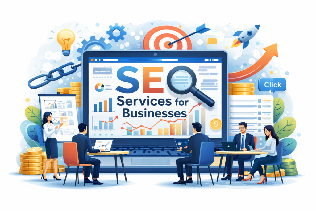 SEO services for businesses showing search optimization strategy, analytics dashboard, and digital growth planning