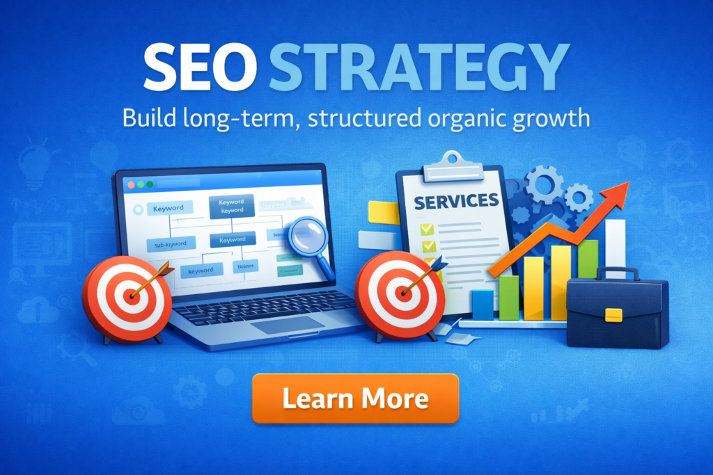 Illustration showing SEO strategy framework with keyword mapping, growth charts, and digital marketing elements representing organic business growth.