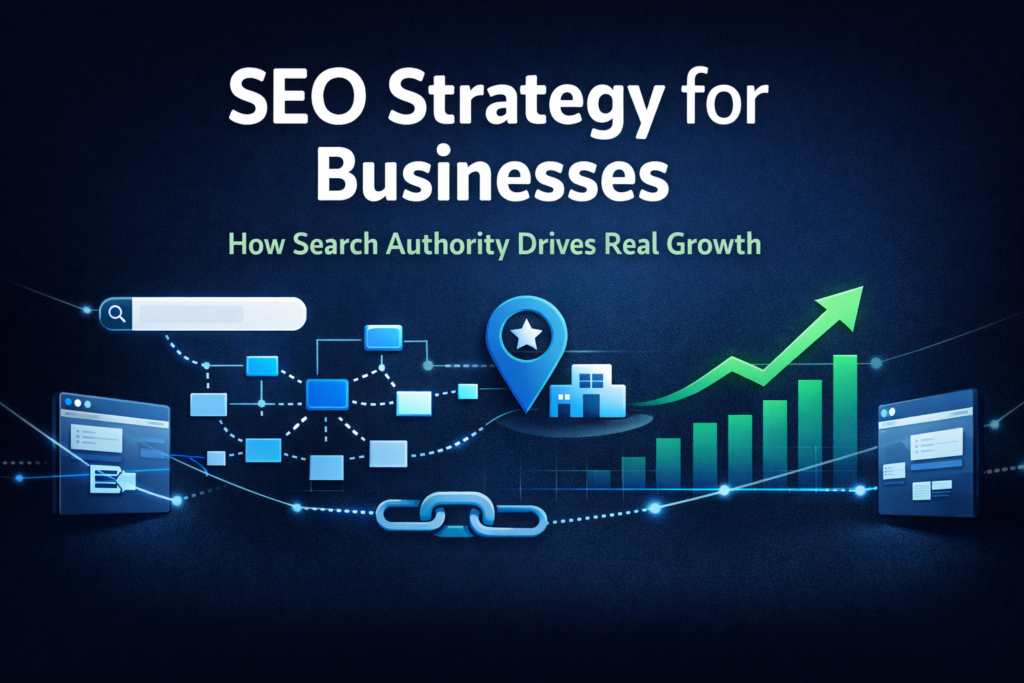 visual diagram showing SEO strategy for businesses including search visibility, backlinks, local SEO and growth graph